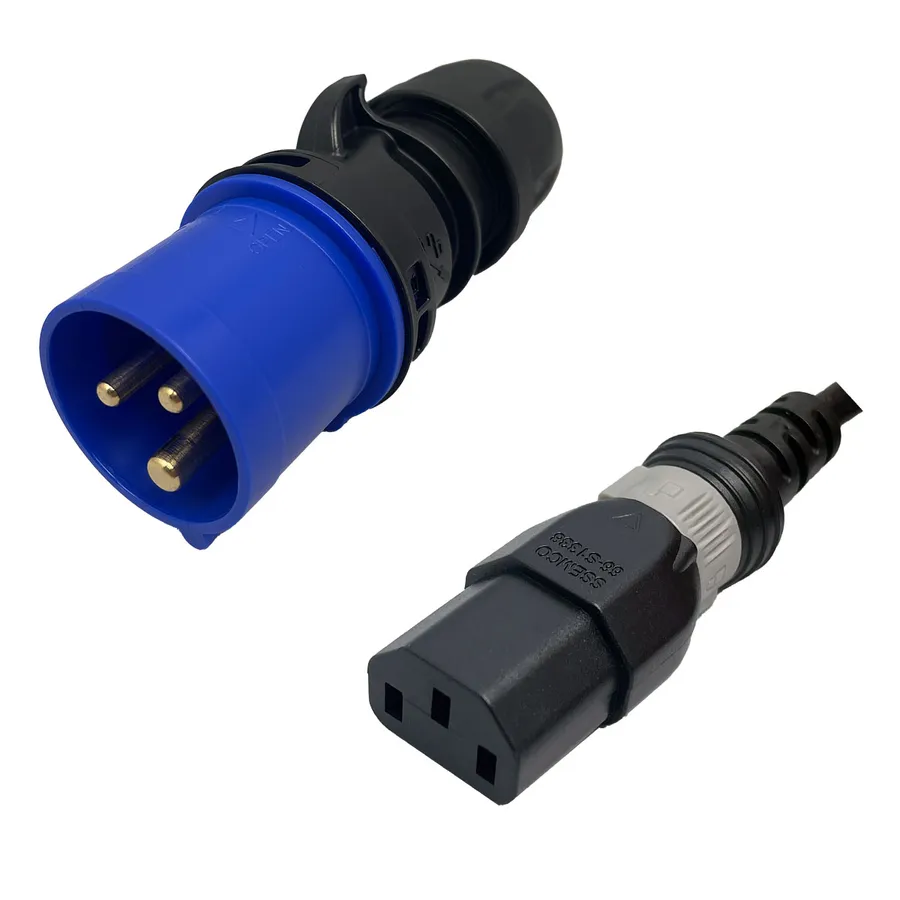 An image of an IEC60309 Connector with a blue sleeve, and an IEC320 C13 black S-Lock connector with a gray collar.