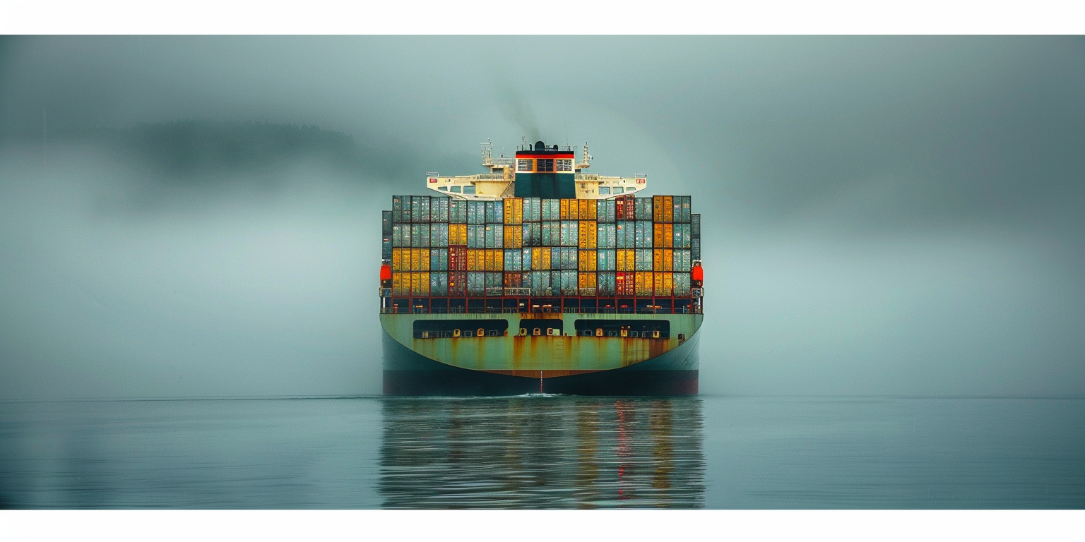 An image of a cargo ship with from behind, stacked high with shipping containers.