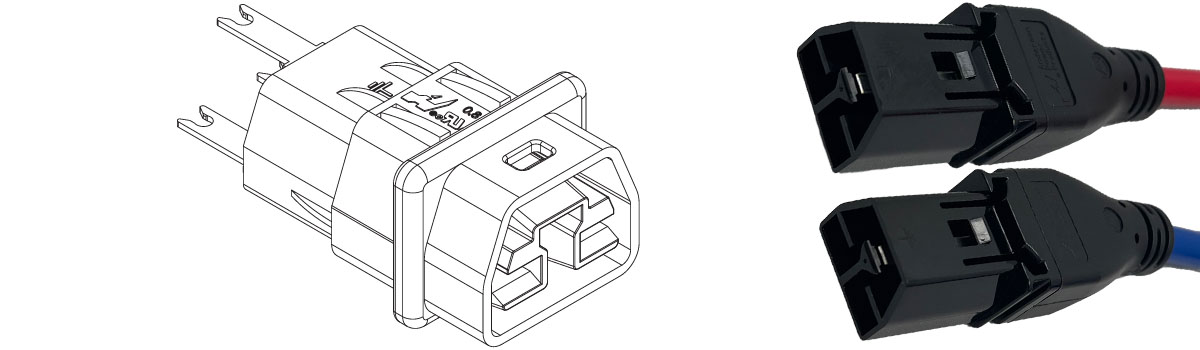 An image of two Saf-D-Grid cords (red and blue) with a schematic drawing of a Saf-D-Grid connector..