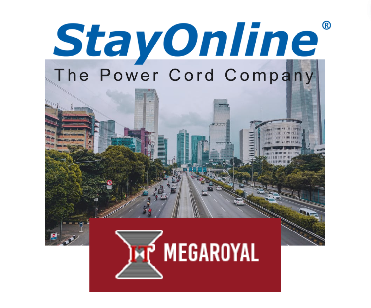 A busy city streetscape with StayOnline, The Power Cord Company and Megaroyal Logos